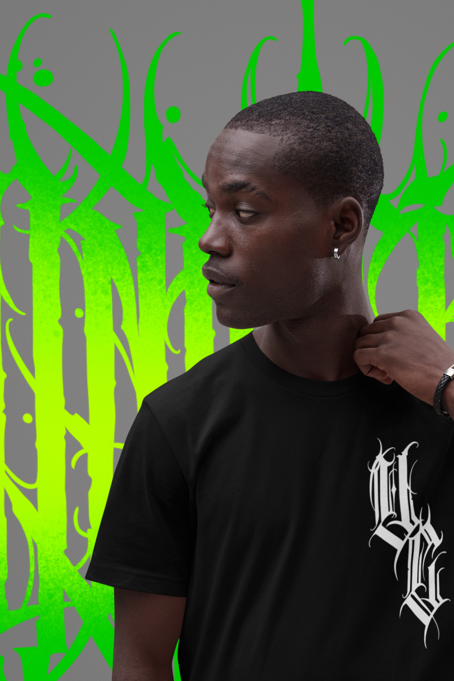 male model wearing hex black hex culture tshirt. front view with venom culture logo